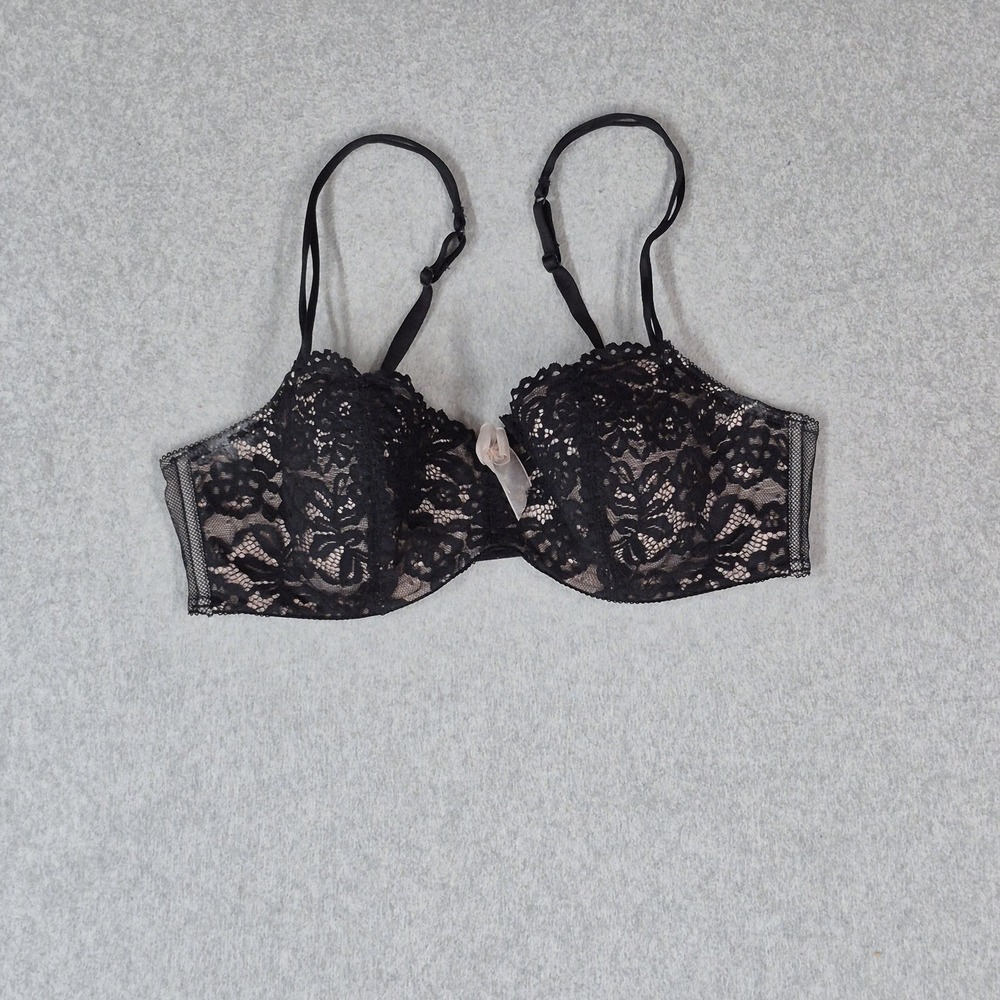 Btempt'd Women Bra 36D Black Floral Balconette Underwired Lace Bow READ